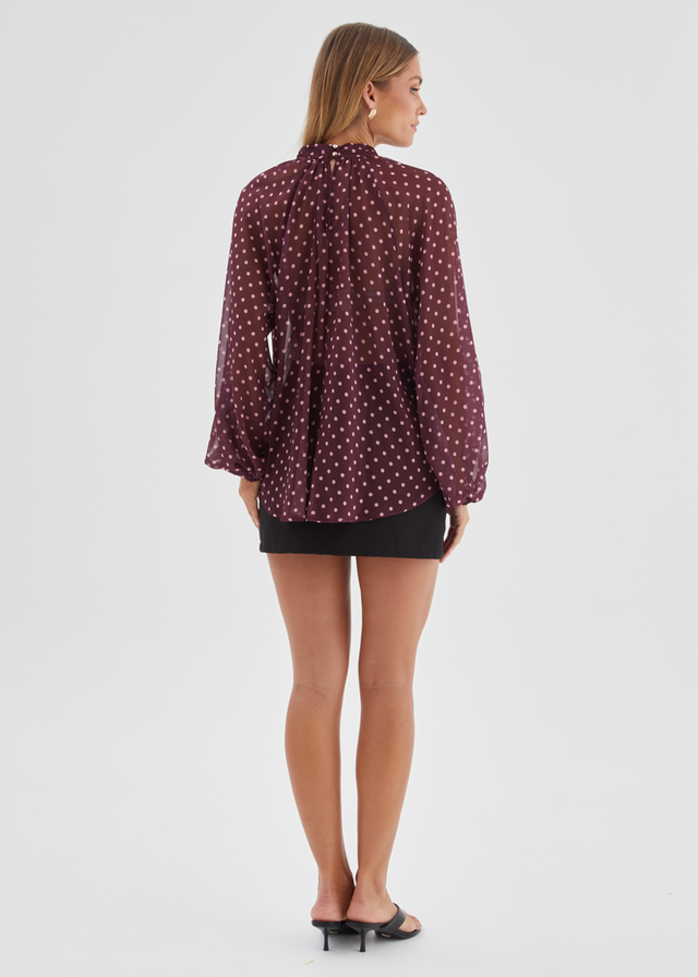 Deborah Blouse - Burgundy Polka Dot