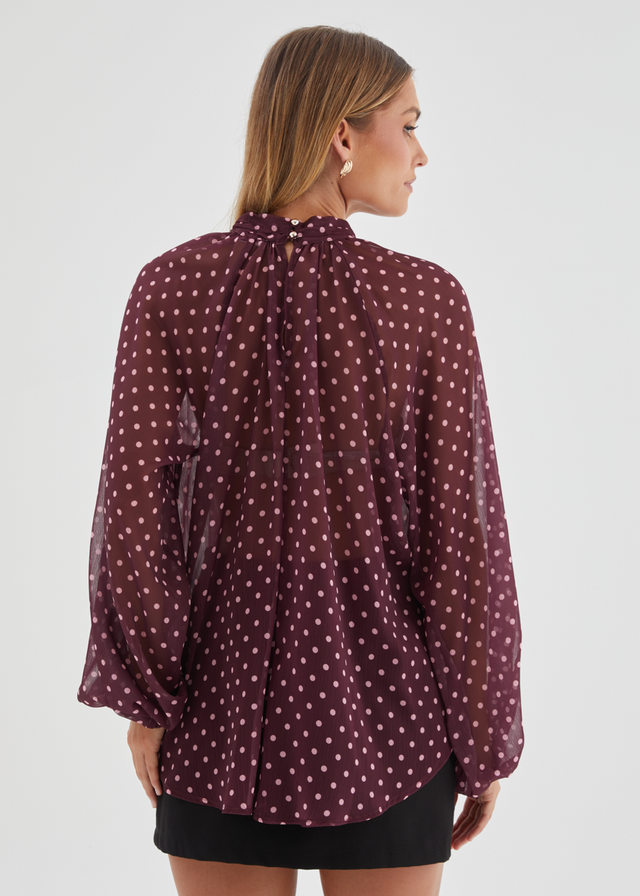 Deborah Blouse - Burgundy Polka Dot
