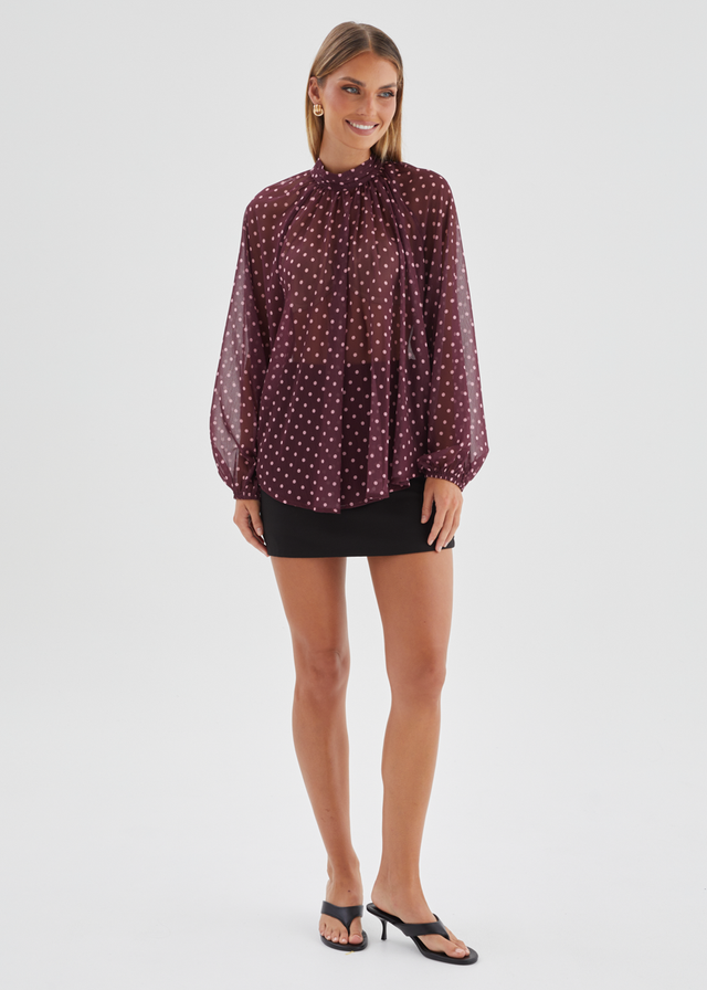 Deborah Blouse - Burgundy Polka Dot