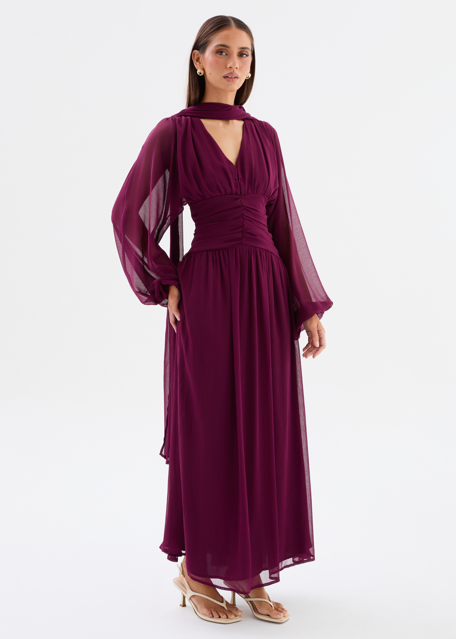 purple winter wedding guest dress Reflora Plus Size Women's Elegant Dark Purple Winter Formal Dress,Cloak Sleeve Faux Pearl Beaded Ribbon Pleated Waist Evening Gown For Wedding Guest Party