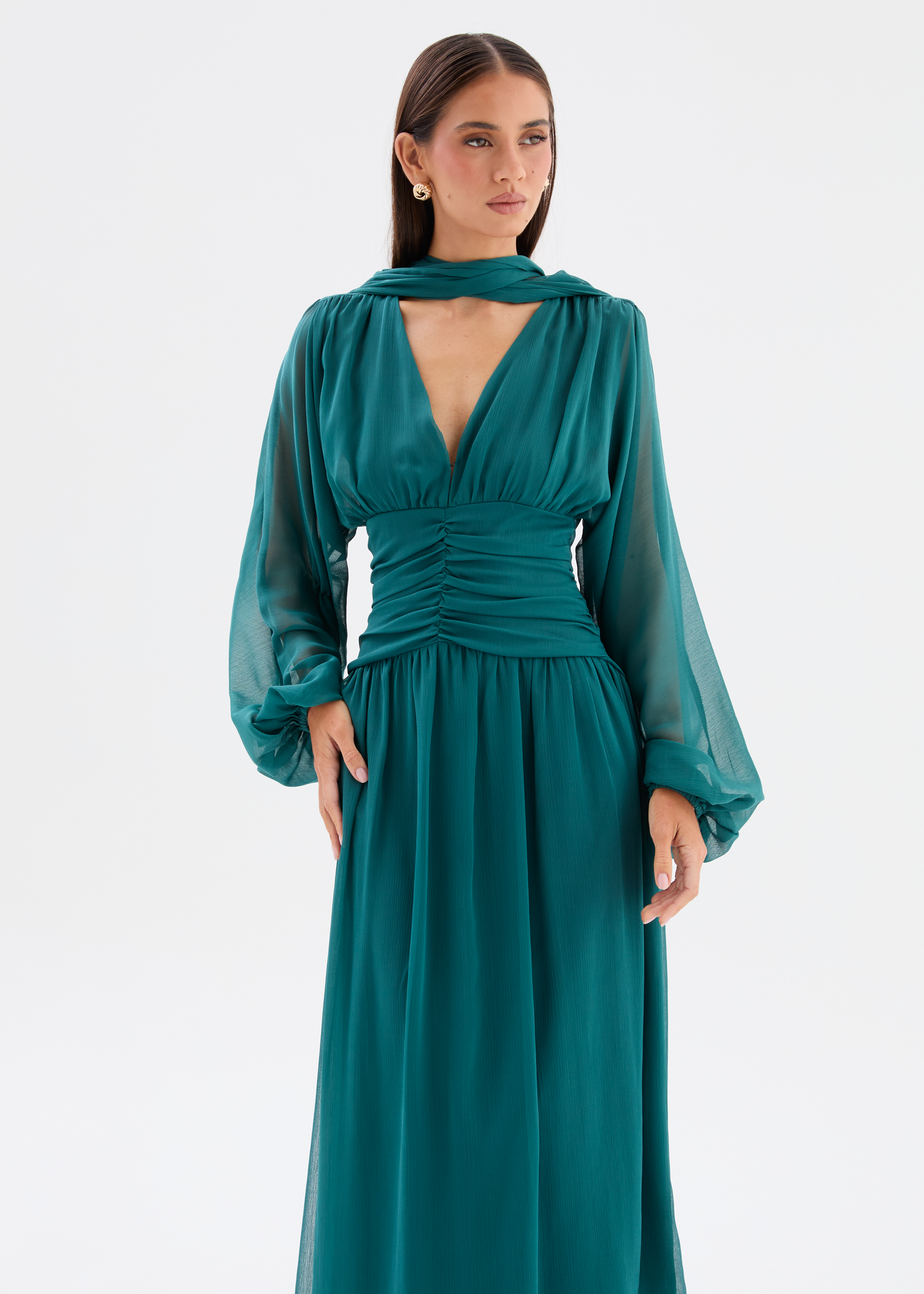 emerald green wedding guest dress with sleeves Mac Duggal Women's Satin Off-the-Shoulder Midi-Dress - Emerald