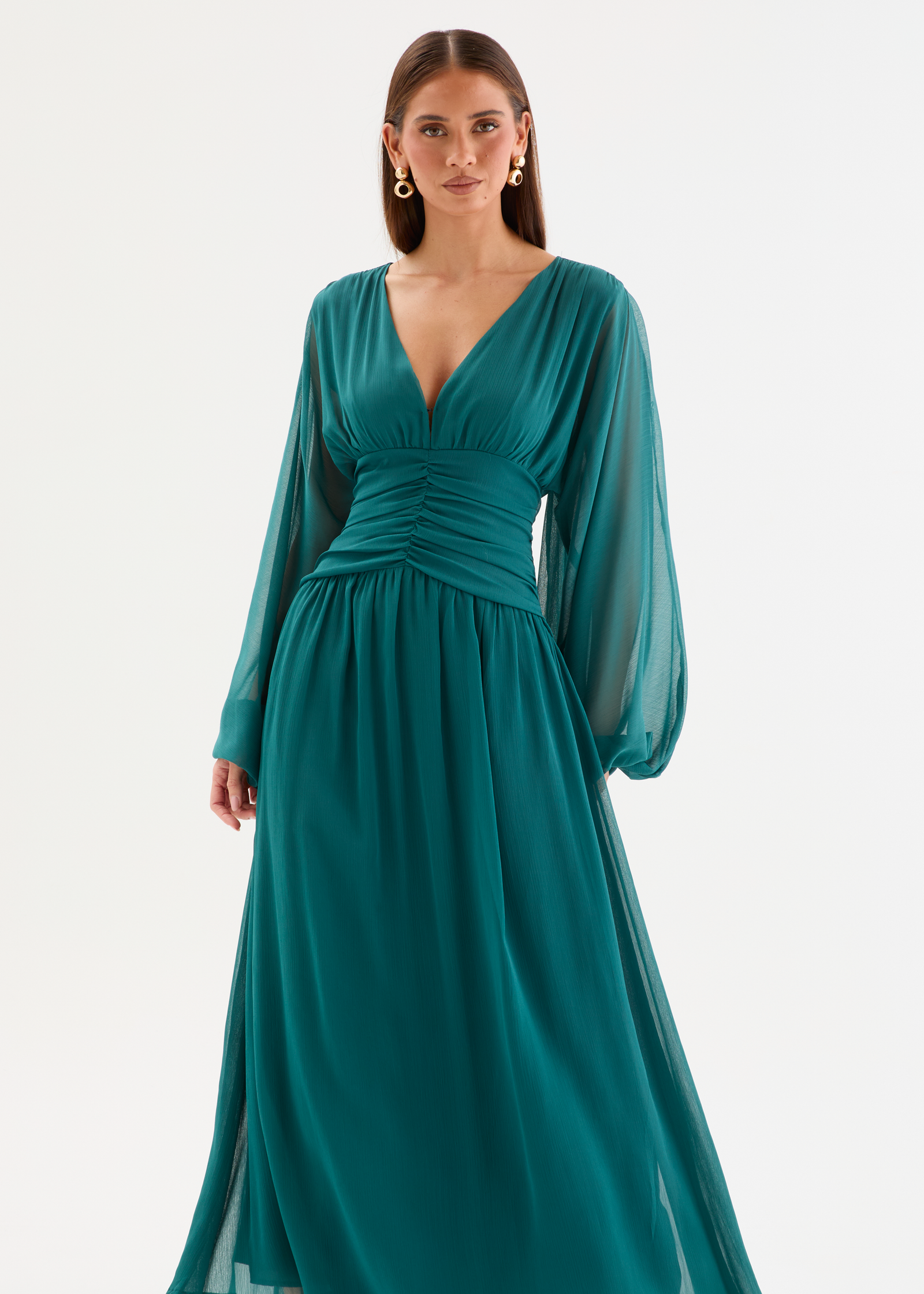 long green dress with sleeves Hunter Green V-Neck Maxi Dress With Long Sleeve And Slit