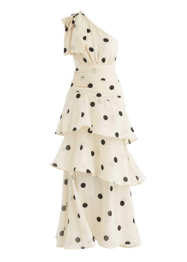Bailee One Shoulder Midi Dress - Cream Polka