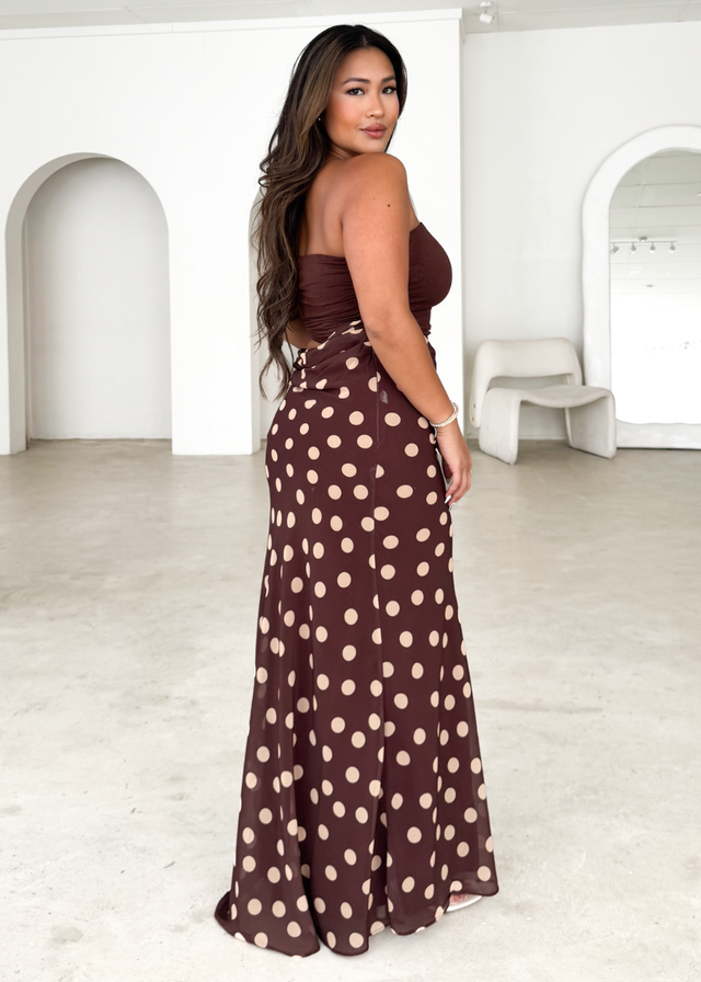 Tissy Strapless Maxi Dress - Chocolate Polka