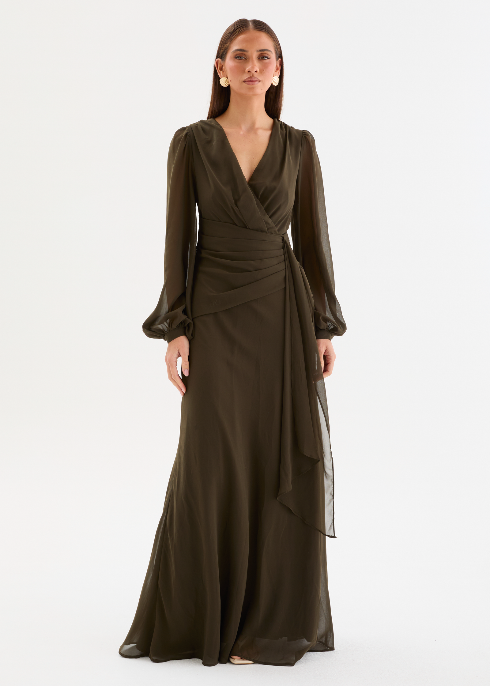 olive green wedding dress guest Olive Green Halter Maxi Dress Under