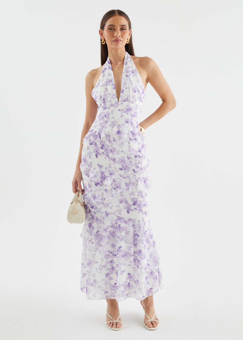 purple floral halter neck bodycon midi dress Yasmeen Floral Halter Godet Maxi Dress