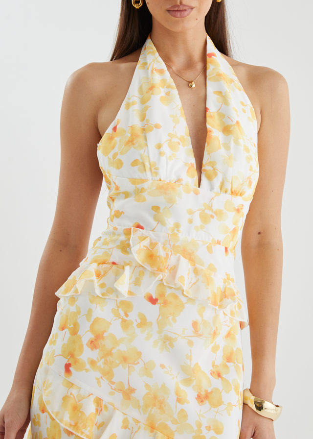 Ferryn Halter Maxi Dress - Yellow Floral