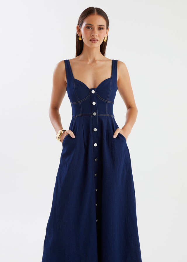 Deja Denim Midi Dress - Dark Blue