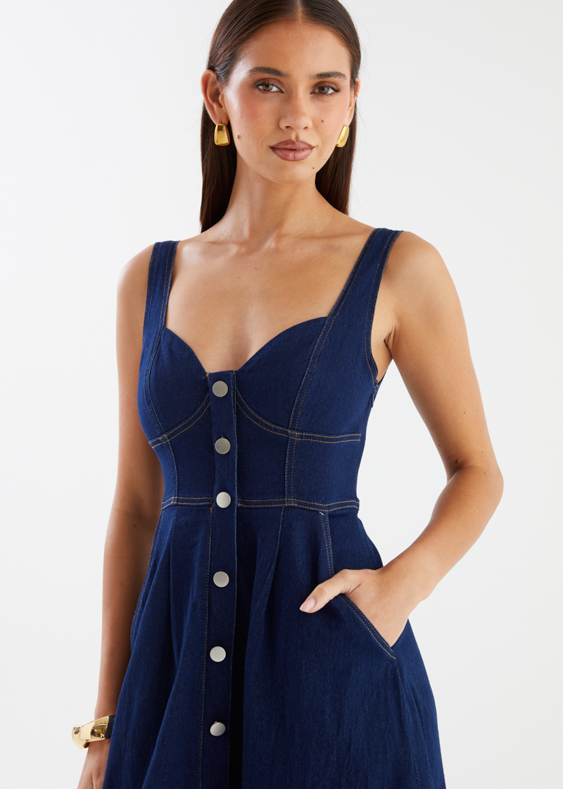 gingham and heels denim dress Sabar Denim Maxi Dress