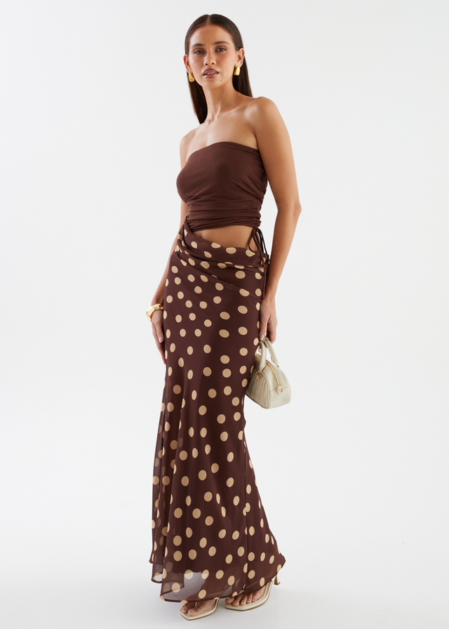 Tissy Strapless Maxi Dress - Chocolate Polka