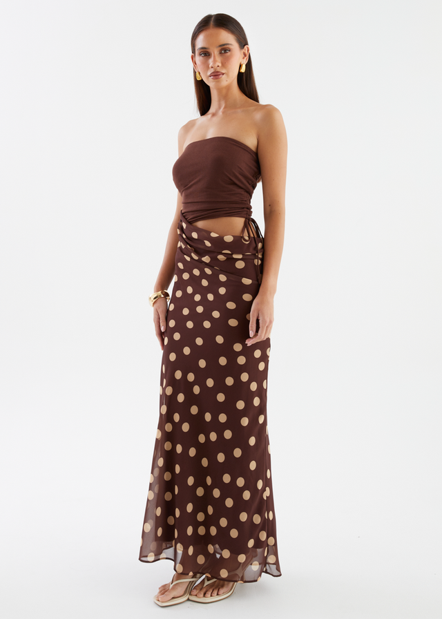 Tissy Strapless Maxi Dress - Chocolate Polka