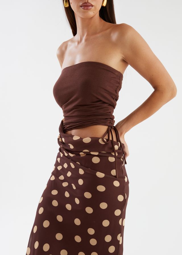 Tissy Strapless Maxi Dress - Chocolate Polka