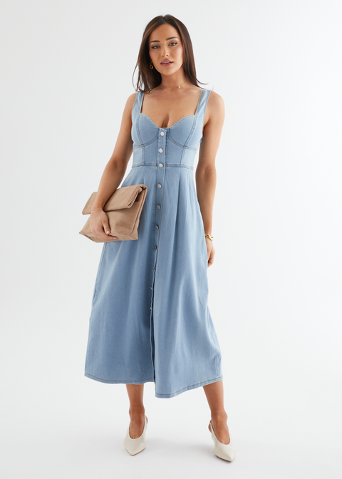 Deja Denim Midi Dress - Light Blue  Gingham & Heels