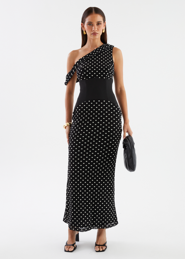 Dixie Drop Shoulder Maxi Dress - Black Polka