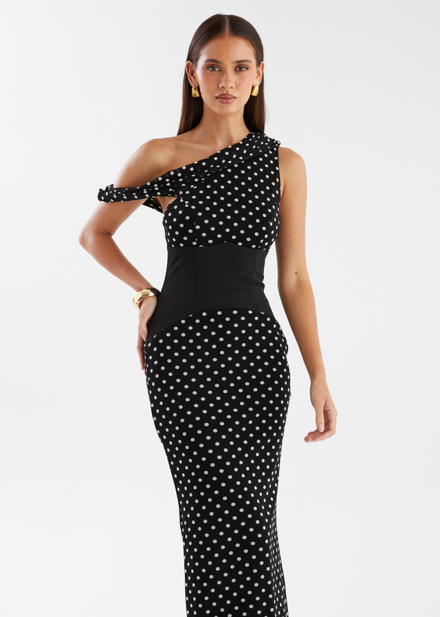 Dixie Drop Shoulder Maxi Dress - Black Polka