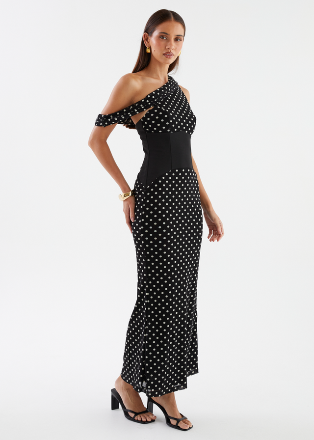 Dixie Drop Shoulder Maxi Dress - Black Polka