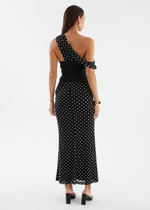 Dixie Drop Shoulder Maxi Dress - Black Polka