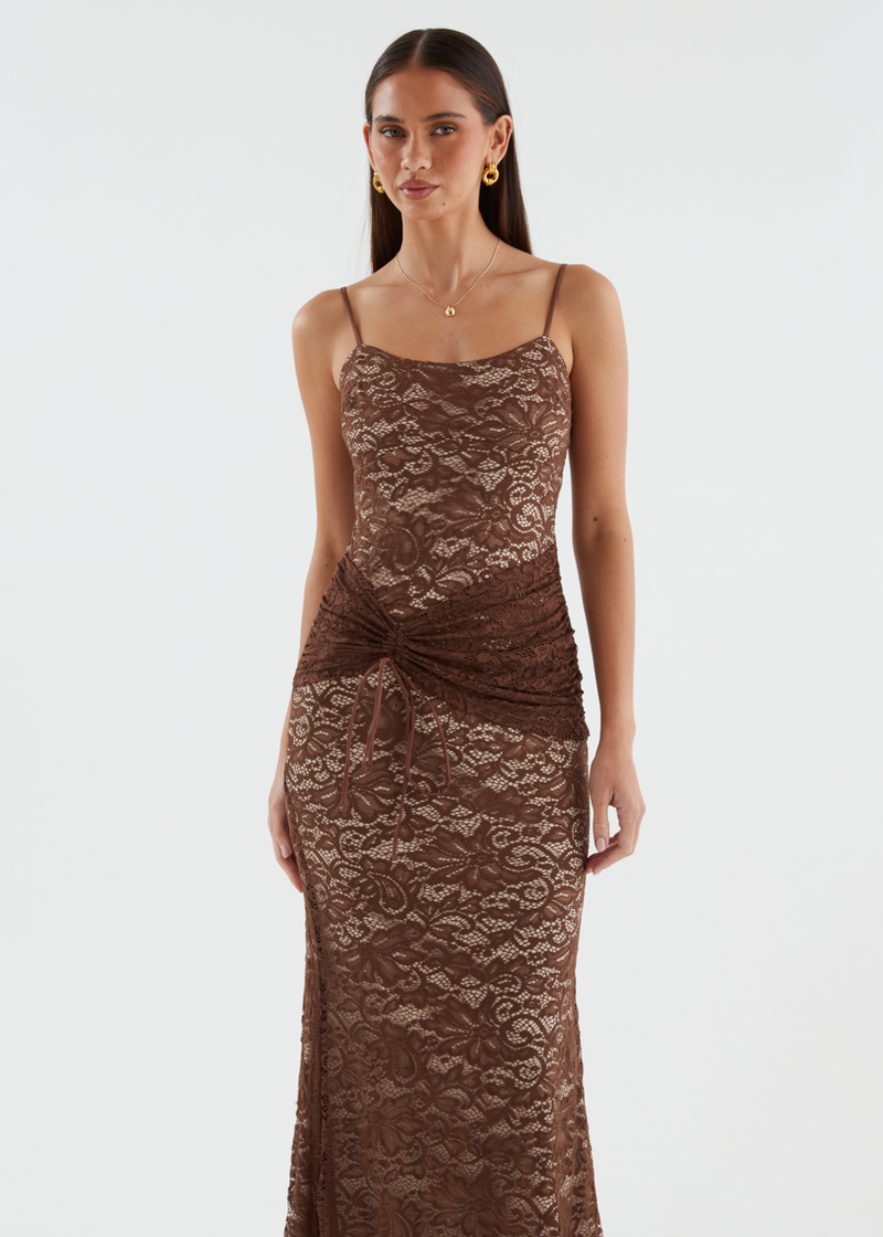 chocolate brown lace handkerchief dress Scarf Detail Twist Bust Contrast Lace Maxi Dress In Chocolate Brown | EGO US