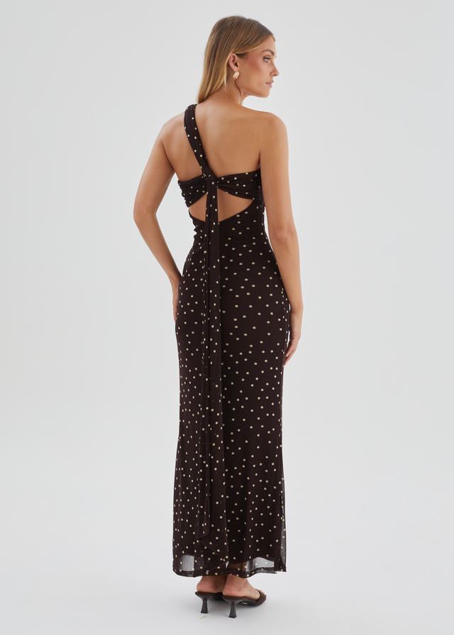 Lexy One Shoulder Mesh Maxi Dress - Choc Polka Dot