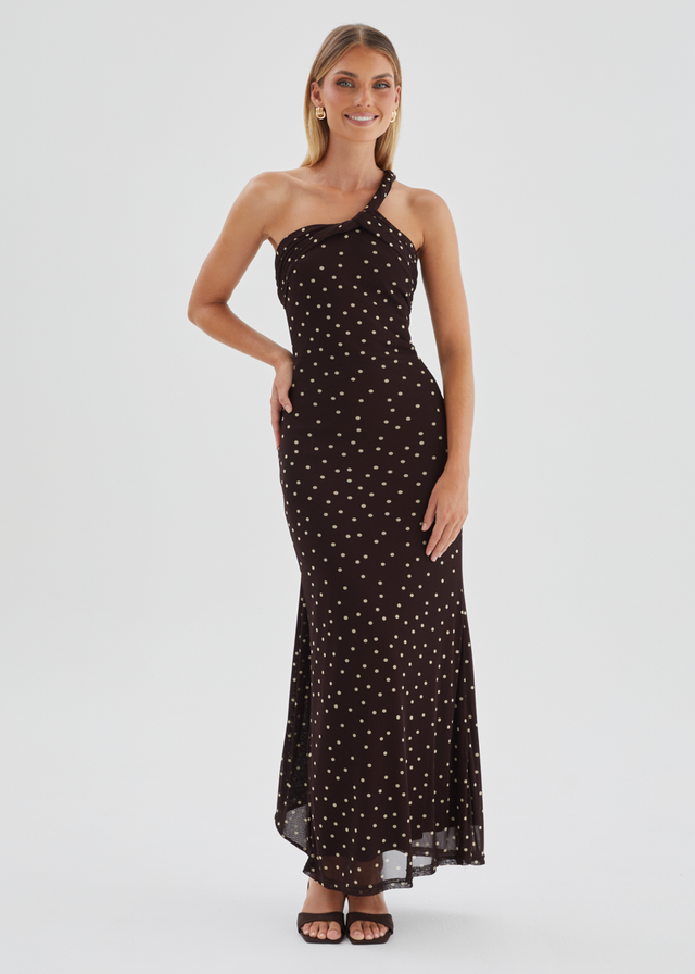 Lexy One Shoulder Mesh Maxi Dress - Choc Polka Dot