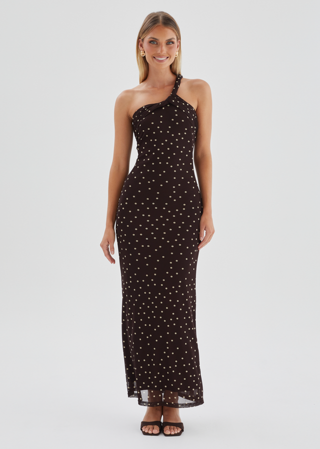 Lexy One Shoulder Mesh Maxi Dress - Choc Polka Dot