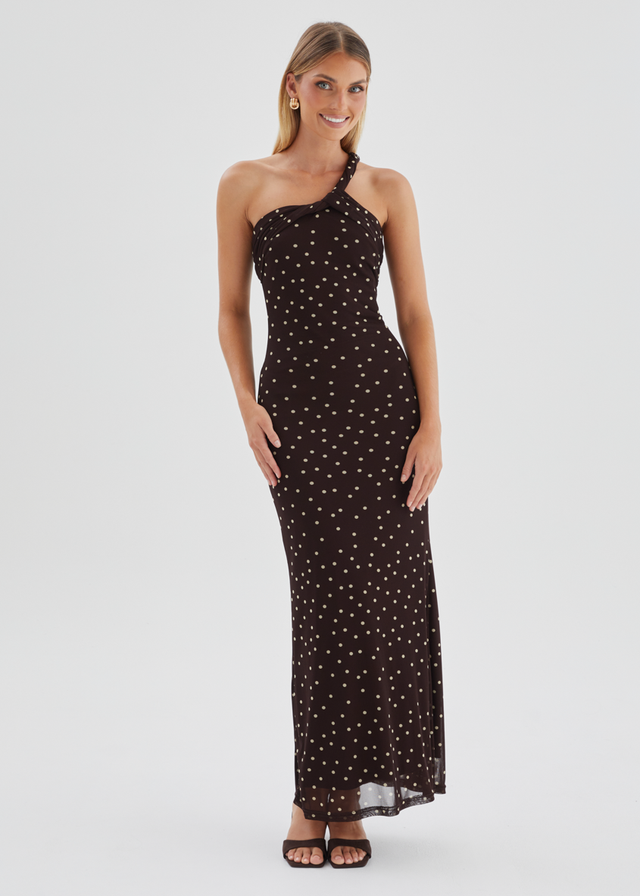 Lexy One Shoulder Mesh Maxi Dress - Choc Polka Dot