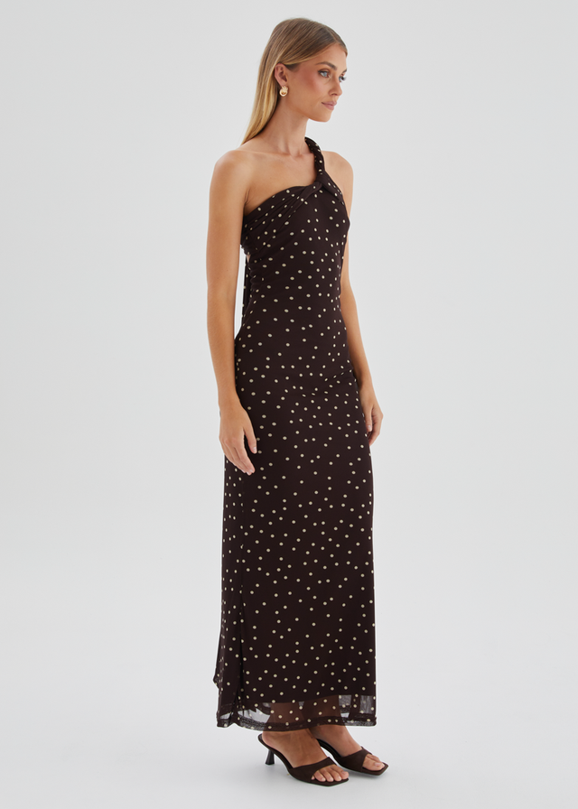 Lexy One Shoulder Mesh Maxi Dress - Choc Polka Dot
