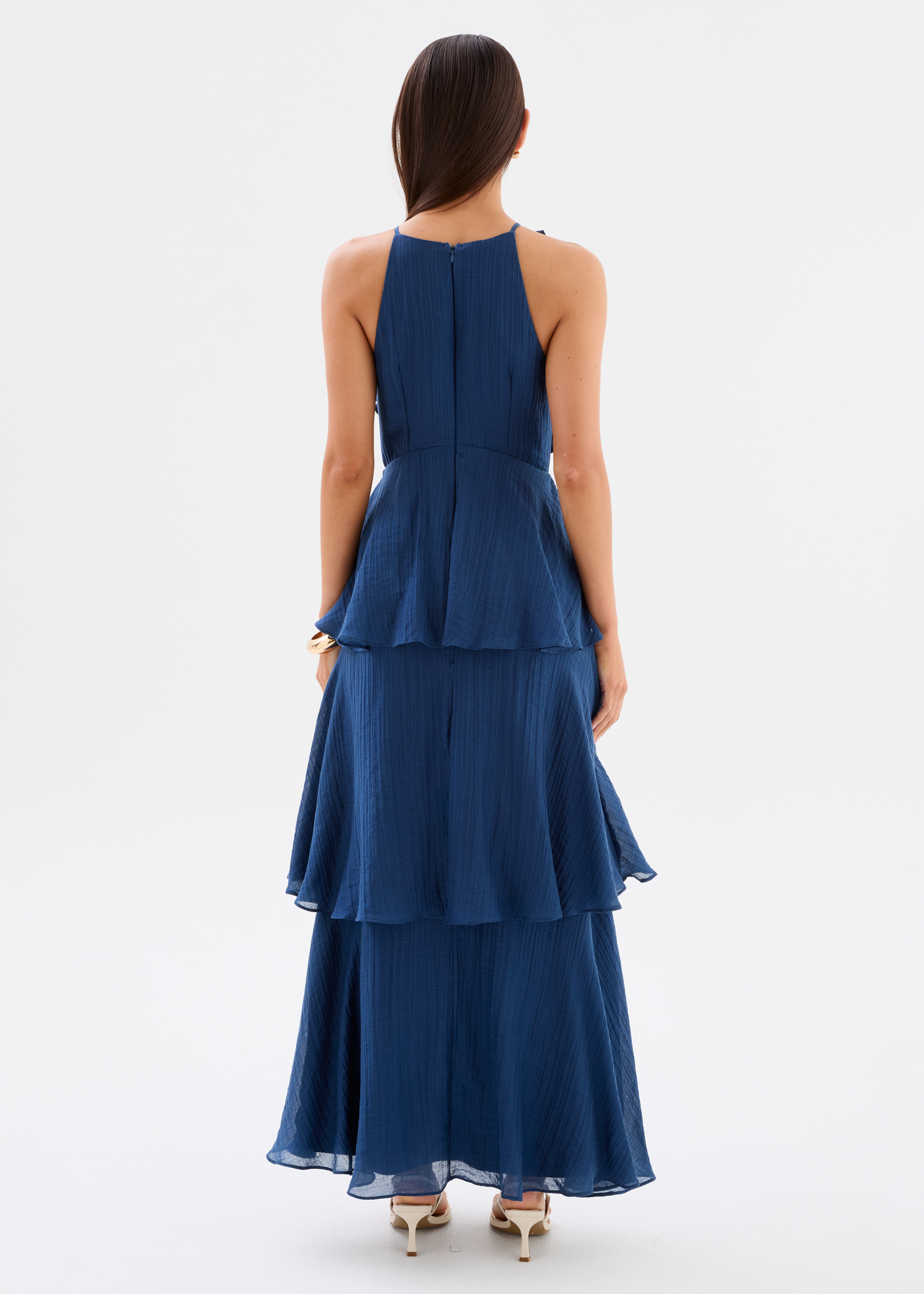 navy blue dress with heels Gathered waist detail Collared Cap sleeves Partial front button placket Material Blue Dresses  Gingham &