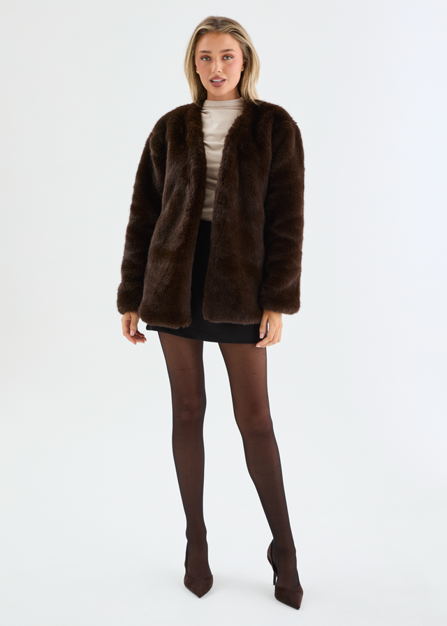 Zafira Faux Fur Coat - Chocolate