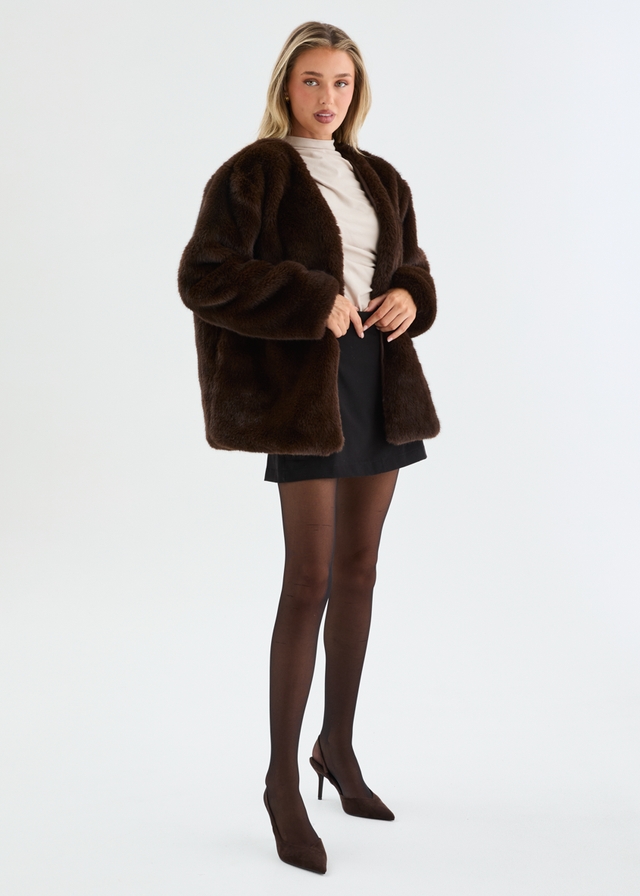 Zafira Faux Fur Coat - Chocolate