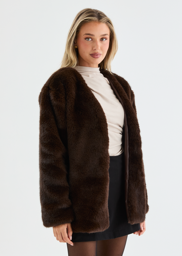 Zafira Faux Fur Coat - Chocolate