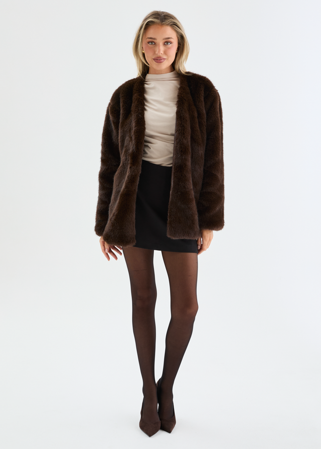 Zafira Faux Fur Coat - Chocolate