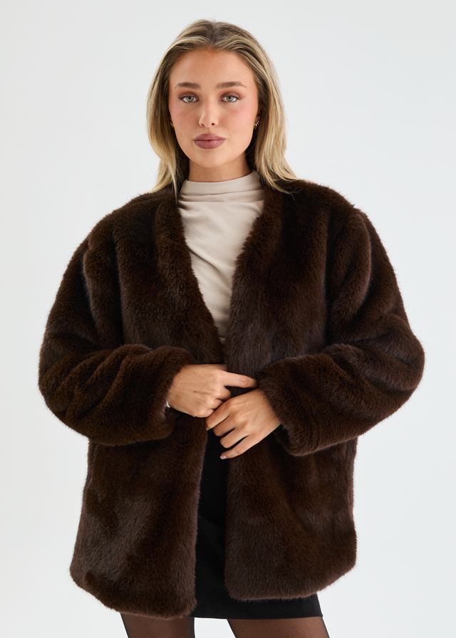 Zafira Faux Fur Coat - Chocolate