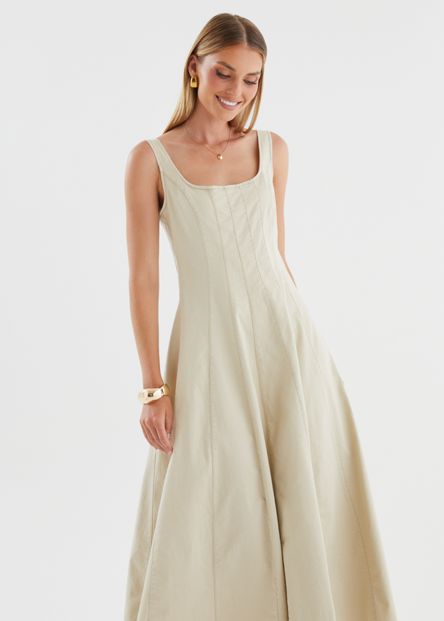 Zaydie Denim Midi Dress - Beige