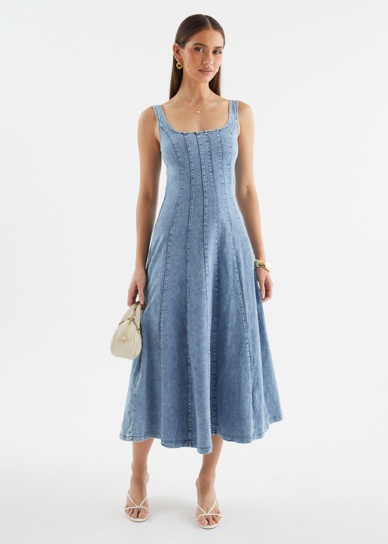 gingham and heels denim dress Annika Denim Midi Dress