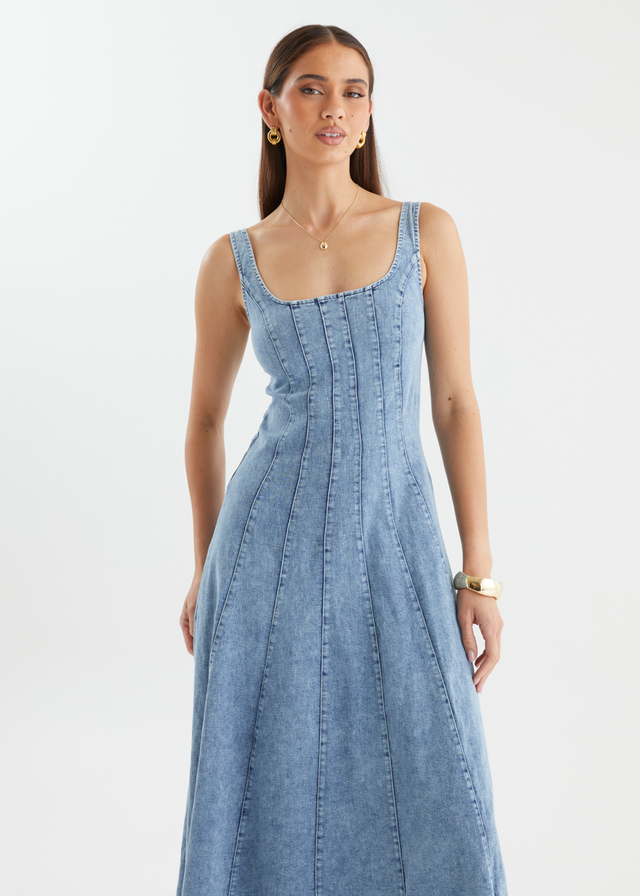 Zaydie Denim Midi Dress - Light Blue