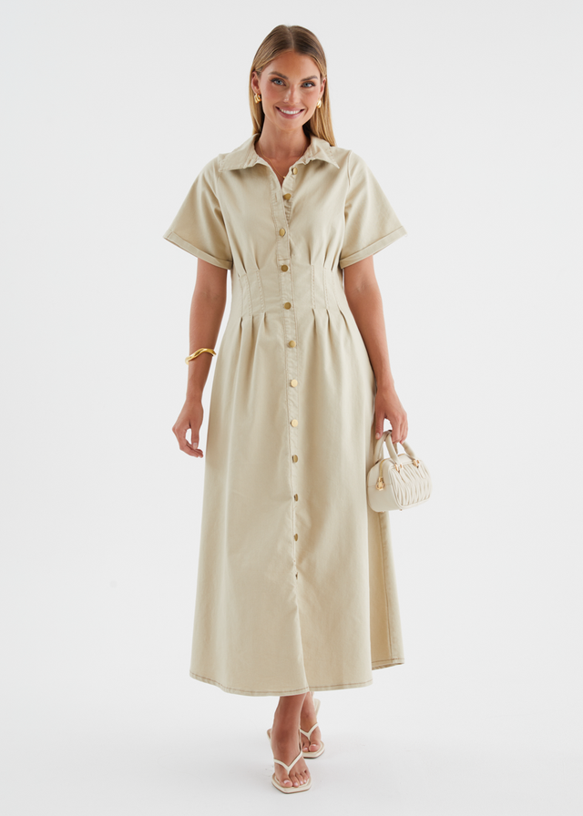 Annika Denim Midi Dress - Beige Gingham & Heels Annika Denim Midi Dress - Beige Gingham & Heels