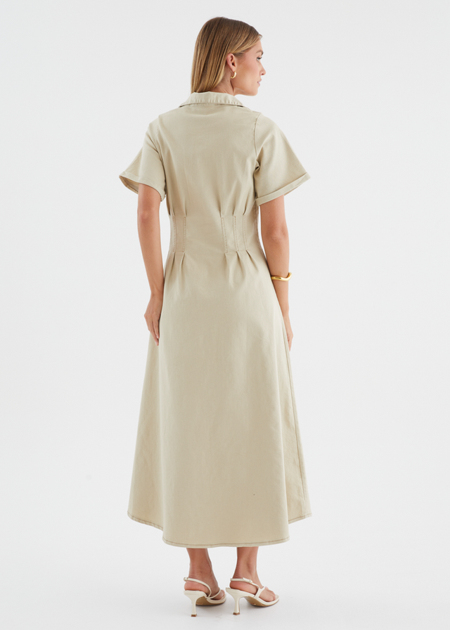 Annika Denim Midi Dress - Beige