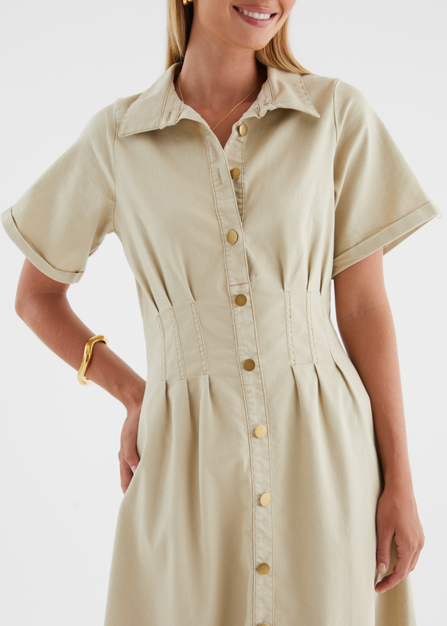 Annika Denim Midi Dress - Beige