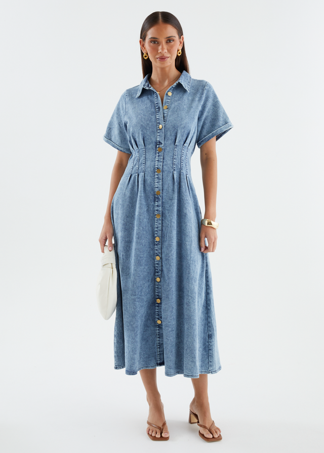 Annika Denim Midi Dress - Washed Blue