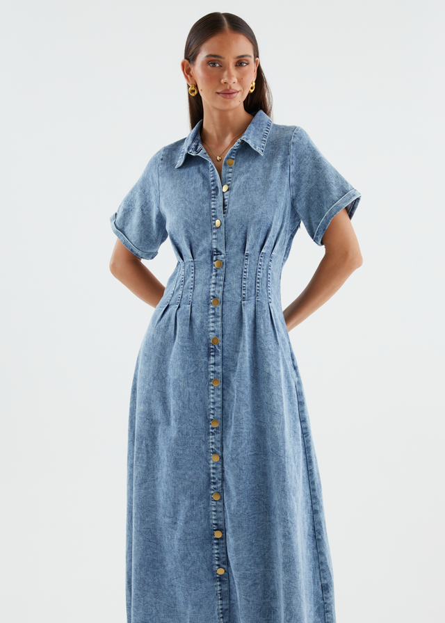 Annika Denim Midi Dress - Washed Blue