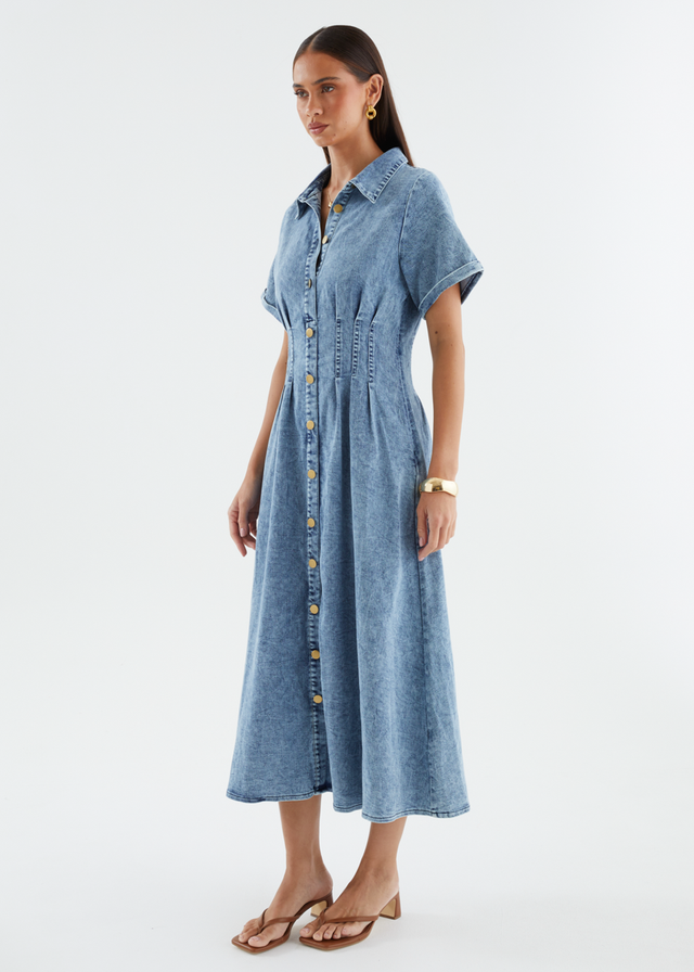Annika Denim Midi Dress - Washed Blue