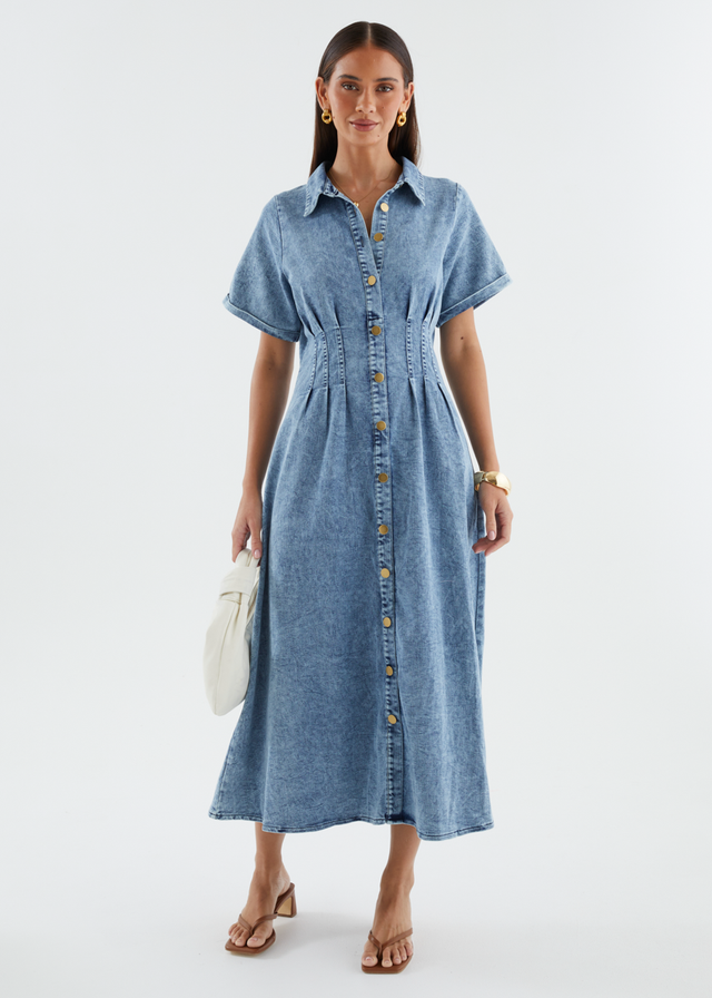 Annika Denim Midi Dress - Washed Blue