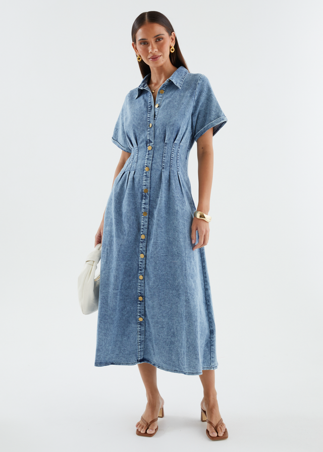 Annika Denim Midi Dress - Washed Blue