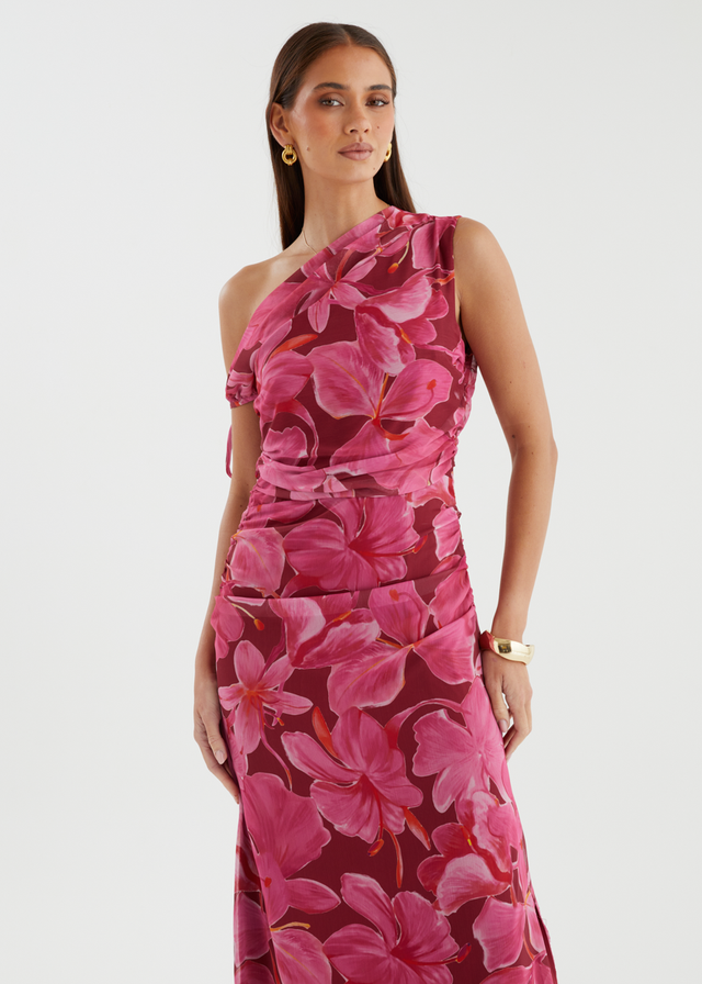 Nila Drop Shoulder Midi Dress - Burgundy Floral