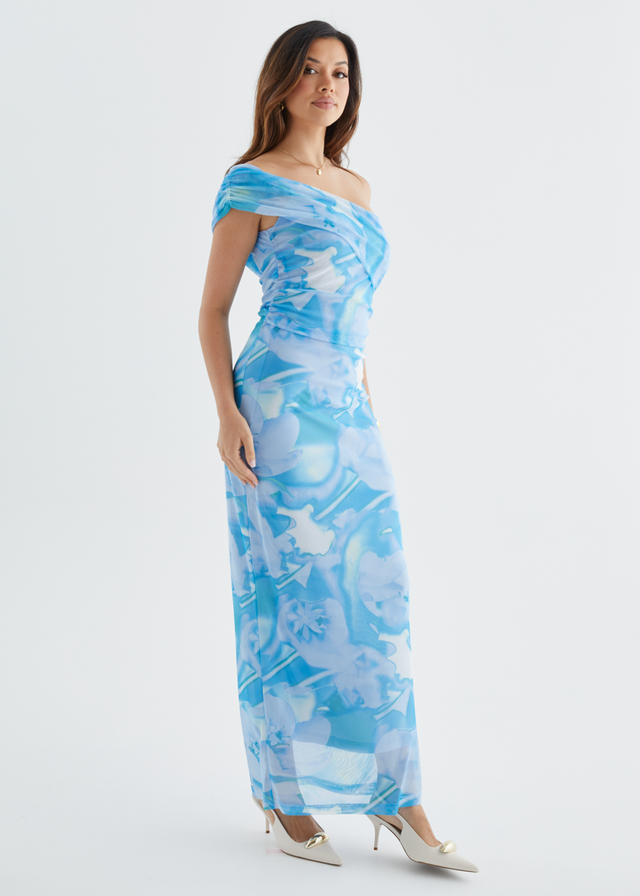 Aleia One Shoulder Mesh Maxi Dress - Blue Watercolour