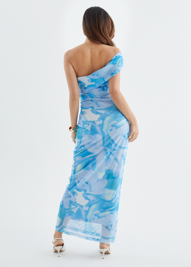 Aleia One Shoulder Mesh Maxi Dress - Blue Watercolour