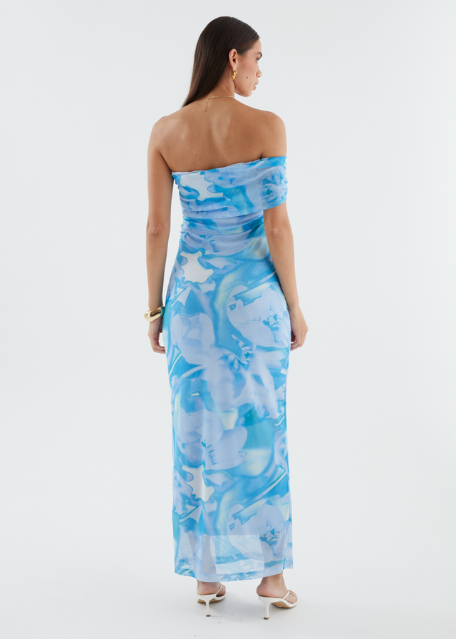 Aleia One Shoulder Mesh Maxi Dress - Blue Watercolour
