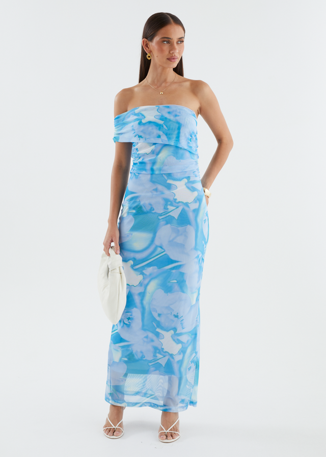 Aleia One Shoulder Mesh Maxi Dress - Blue Watercolour