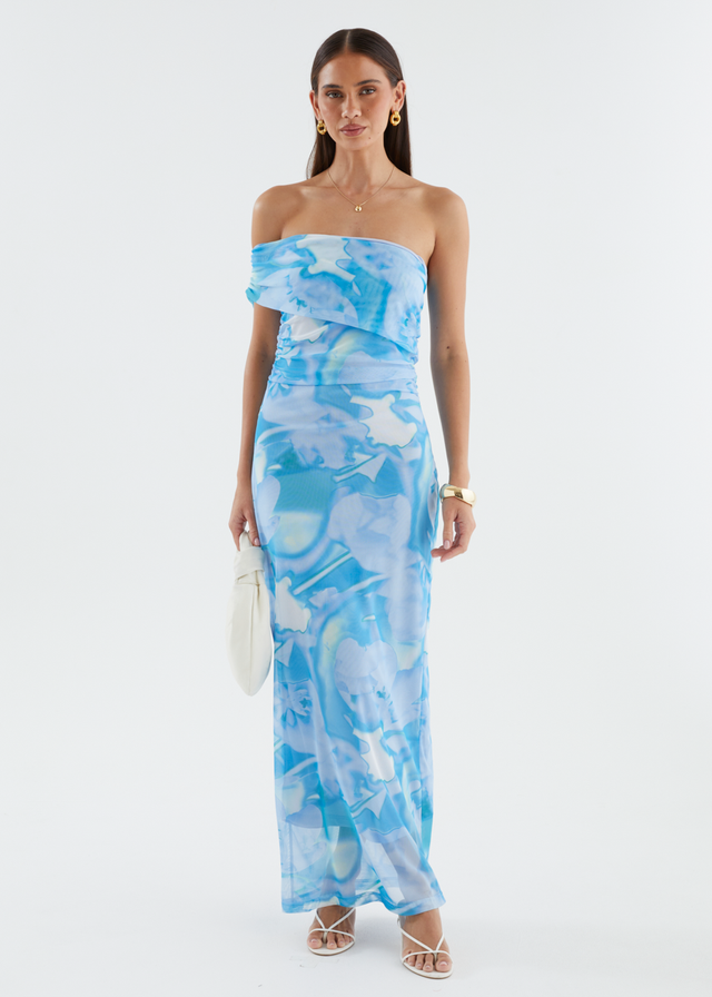 Aleia One Shoulder Mesh Maxi Dress - Blue Watercolour